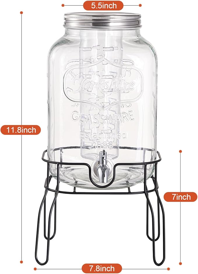 2 Gallon Glass Drink Dispensers for Parties Beverage Dispenser with Stand Fruit Infuser and Stainless Steel Spigot 100% Leakproof Beverage Dispenser for Lemonade Sun Tea