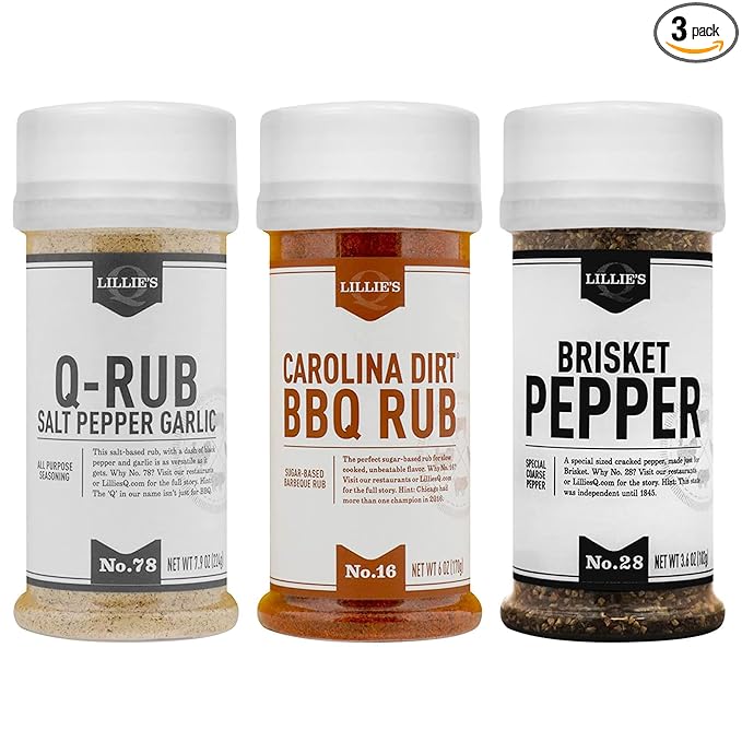 Lillie’s Q - Rub Trio BBQ Rub Sampler Barbeque Rubs &amp Spices Rub Seasoning Set Includes Carolina Dirt (6 oz) Q-Rub (7.9 oz) &amp Brisket Pepper (3.6 oz) | 3-Pack