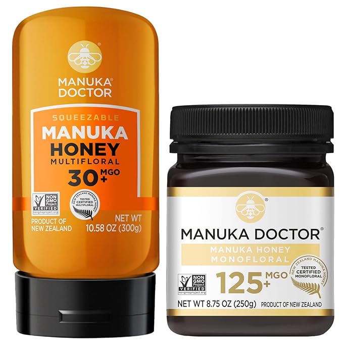 MANUKA DOCTOR - MGO 30+ Multifloral SQUEEZY and MGO 125+ Monofloral Manuka Honey Value Bundle 100% Pure New Zealand Honey. Certified. Guaranteed. RAW. Non-GMO
