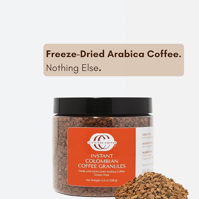 Civilized Coffee Instant Colombian Coffee Granules – Medium Roast Gourmet Coffee Non-GMO 9 oz Jar