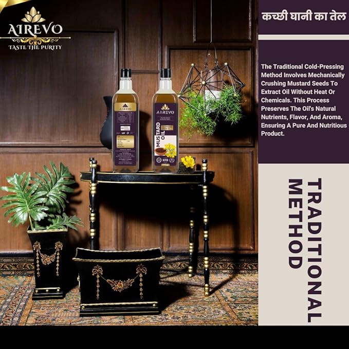 AIREVO Unrefined Wood Pressed Black Mustard Oil – Kolhu/Kacchi Ghani/Chekku/Marachekku Cold Pressed – Pure &amp Chemical-Free – Kachi Ghani Sarso Tel – Rich In Nutrients – (1000ML)