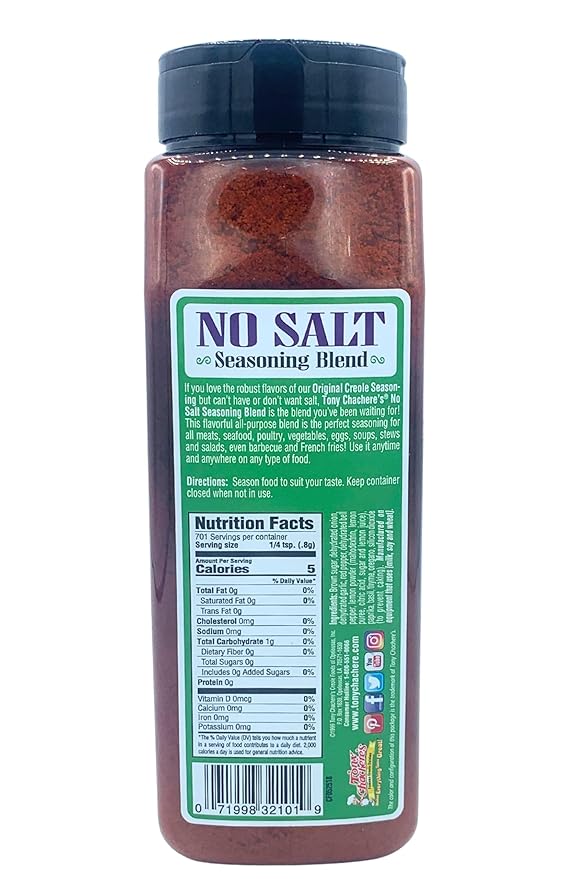 Tony Chachere's No Salt Seasoning - 20 oz Shaker Jar of Savory Spice Blend for Delicious Healthy Meals For Low Sodium Diets and Flavorful Seasoning