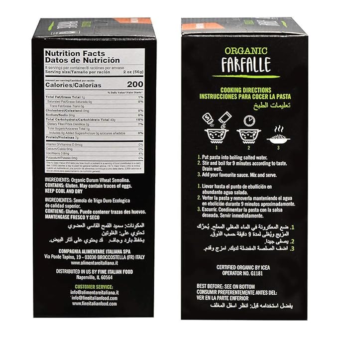 Mantova Italian Organic Pasta Bowtie Farfalle - 100% Durum Semolina Organic Farfalle -Product Of Italy 1 Pound (Pack of 6)