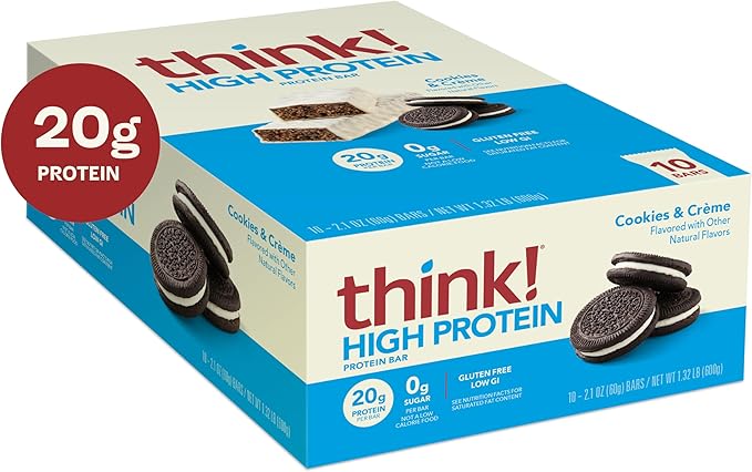 think! Protein Bars High Protein Snacks Gluten Free Kosher Friendly Cookies and Crème Nutrition Bars 2.1 Oz per Bar 10 Count (Packaging May Vary)