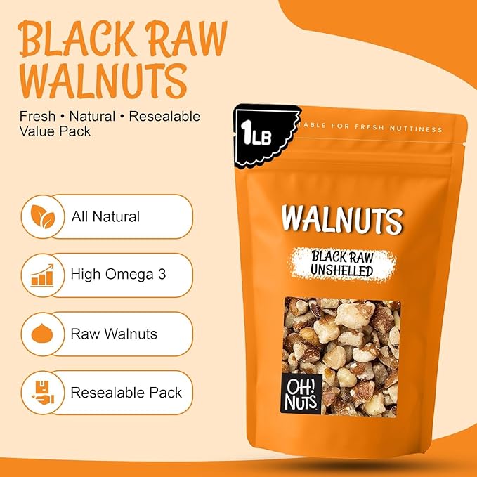 Oh! Nuts Black Raw Unshelled Walnuts - Fresh Chopped Walnuts - 1 lb Bulk Bag - Black Walnut for Baking Snacking Salads &amp Desserts - Vegan Keto Kosher