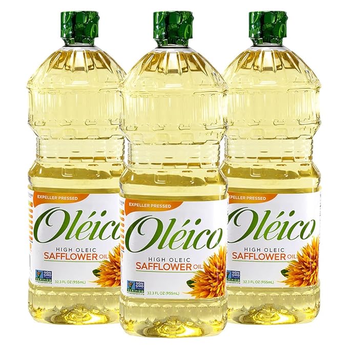 Oleico - High Oleic Non GMO Certified Kosher Verified Expeller Pressed High Heat Stable Safflower Oil Bottle of 32.3 fl oz (Pack of 3)