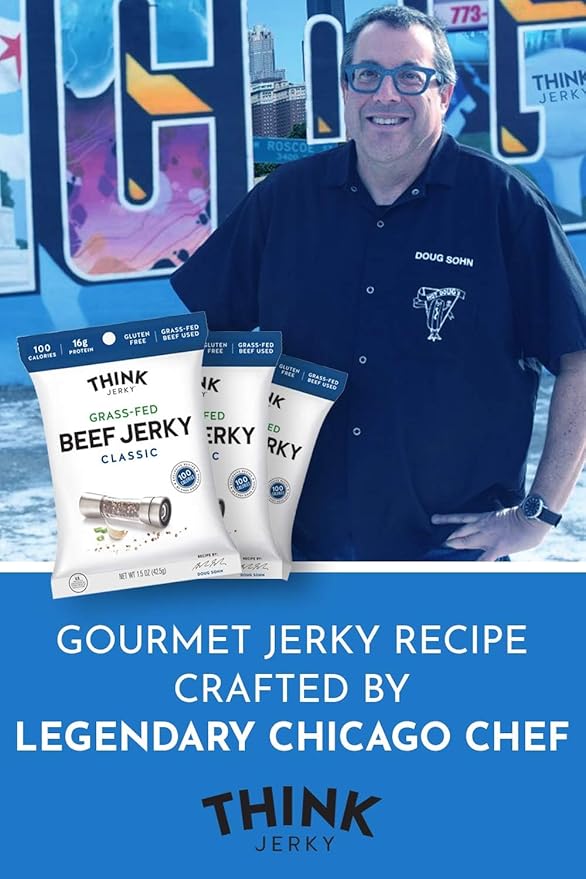 Think Jerky Classic Beef Jerky Grass-Fed High Protein Beef Jerky Gluten Free No Antibiotics or Nitrates Healthy Chef Crafted Recipe Low Calorie and Low Fat - 2.2 oz Bags 4 Pack