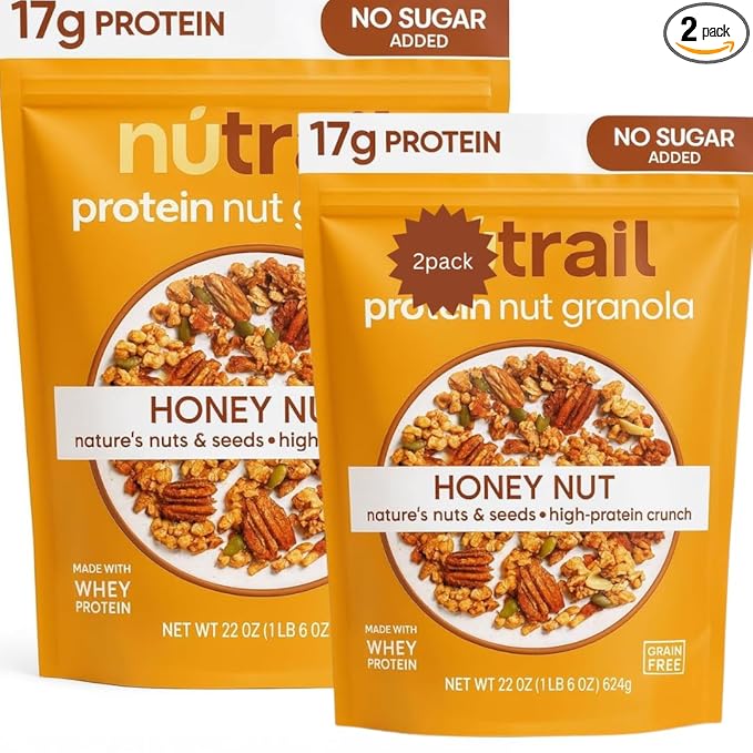 NuTrail! Honey Nut Protein Nut Granola No Sugar Added Low Carb Keto Friendly Gluten Free Granola Cereal High Protein Snack 22 oz Bag (Pack of 2)