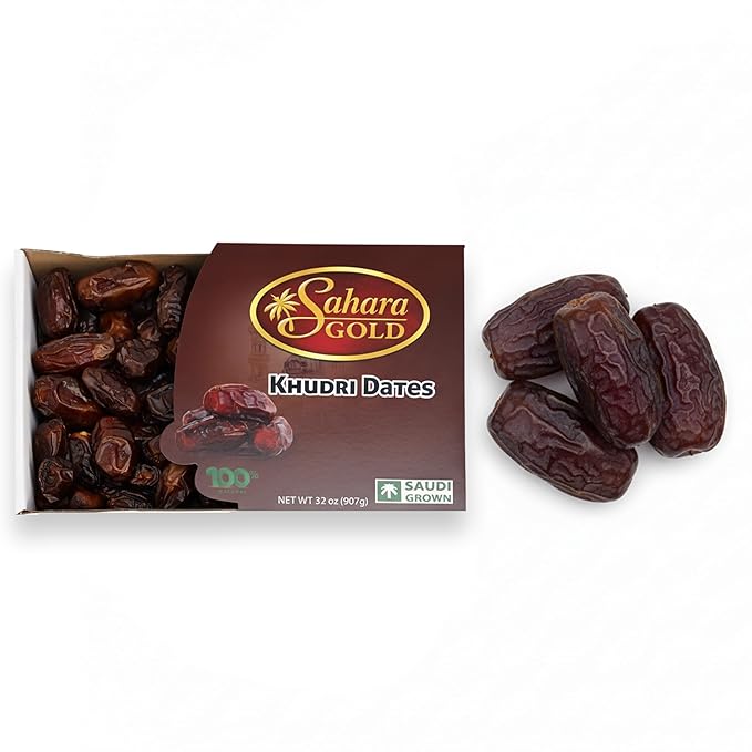 Sahara Gold Khudri Dates from Saudi Arabia | Gluten-Free &amp Non GMO | Naturally Dried Whole Dates | No Sugar Added | Mildly Sweet High Fiber Dried Fruit For Ramadan Snacking Baking 32 oz (907g)