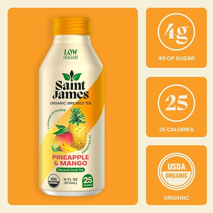 Saint James Iced Tea - Organic Green Tea - Non GMO Gluten Free Low Calorie &amp Low Sugar - Pineapple &amp Mango 12 Pack (16 fl oz each)