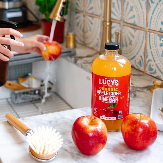 Lucy's Family Owned - USDA Organic NonGMO Raw Apple Cider Vinegar Unfiltered Unpasteurized With the Mother 34oz GLASS Bottle
