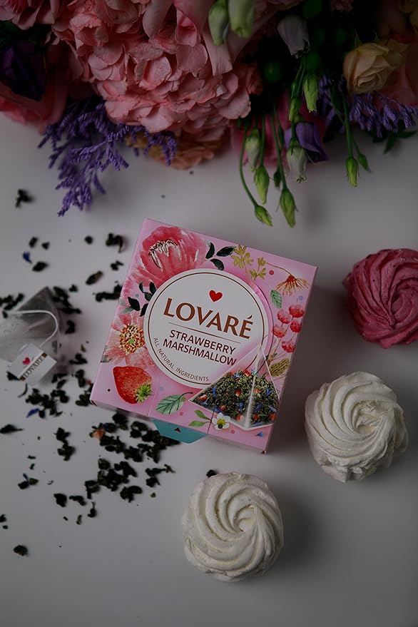 LOVARE Assorted Tea Variety Pack of 60 Pyramids - Made in Ukraine - Set of 4 Pyramid Tea Bags Boxes – 1001 Nights Strawberry Marshmallow Sparkling Splashes Berry Jam - Flavored tea Pyramid Bags