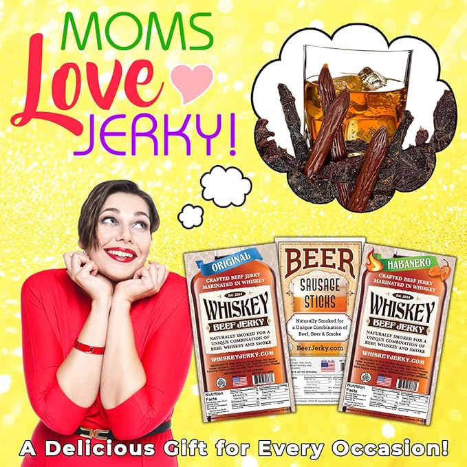 WhiskeyJerky.com Beef Jerky and Sausage Sticks Marinated in Whiskey Variety 3-Packs Jerky Gifts for men (Orig &amp Habanero Whiskey Jerky/Beer Sausage)