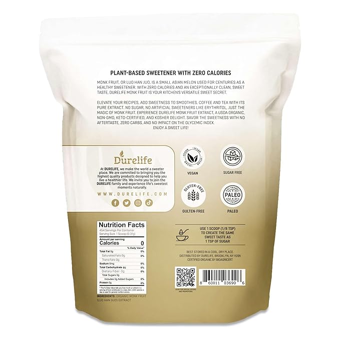 Durelife Organic 100% Pure Monk Fruit sweetener No Erythritol Monkfruit Extract Powder USDA organic NON-GMO Project Verified Keto Certified OU kosher No Fillers Zero Calorie Sugar Substitute 5 OZ