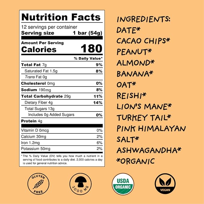 Wise Bar Adaptogen Mushroom Nutrition Bars with Reishi Lions Mane &amp Ashwagandha Organic Vegan &amp Gluten Free Snacks for Natural Focus Energy &amp Immunity Support Peanut Butter Banana 12