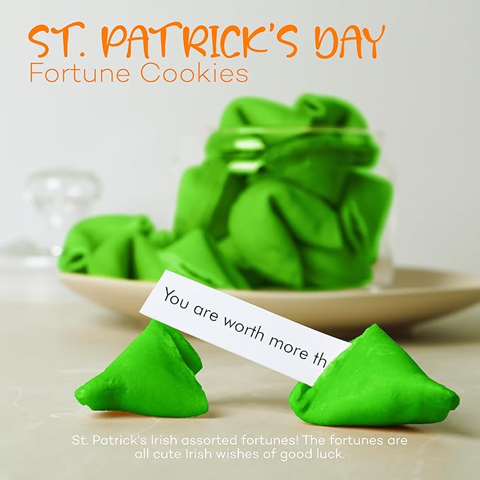 4E's Novelty St Patricks Day Fortune Cookies (50 Pack) Bulk Individually Wrapped Green Fortune Cookies With 50 Unique St Patricks Day Themed Fotune Party Favors &amp Candy Bowl Filler