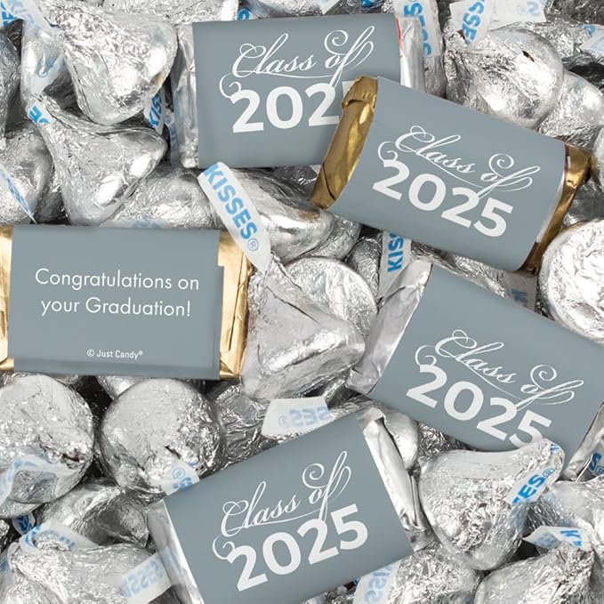 124 Pcs Silver Graduation Candy Party Favors Miniatures &amp Silver Kisses (1.52 lbs Approx. 124 Pcs)