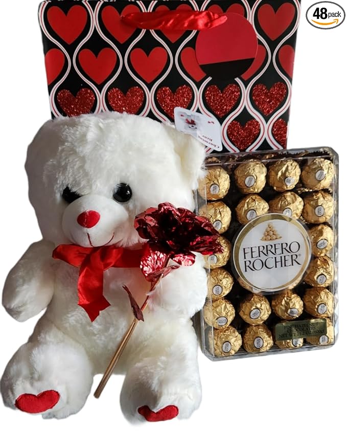 Ferrero Rocher Valentine's Day Gift Bundle -Assorted Chocolate Teddy Bear Share The Love Holographic Rose Valentines Day Themed Gift Bag (Fine Hazelnut Chocolates 48 count)