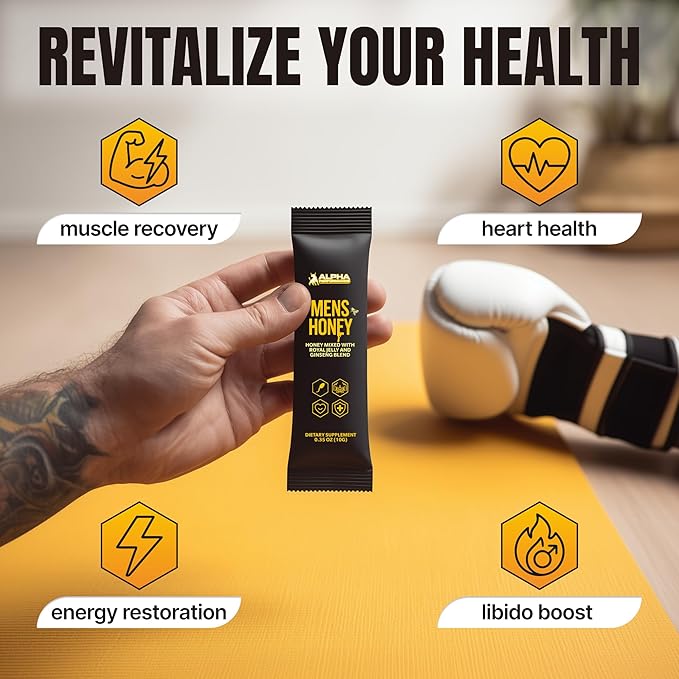 Royal Jelly Honey for Men - Extra Strength Quality Improved Formula Herbal Superfood Mix - Raw &amp Natural Energy &amp Power Supplement No Added Sugar - 24 Individual Packets 10g