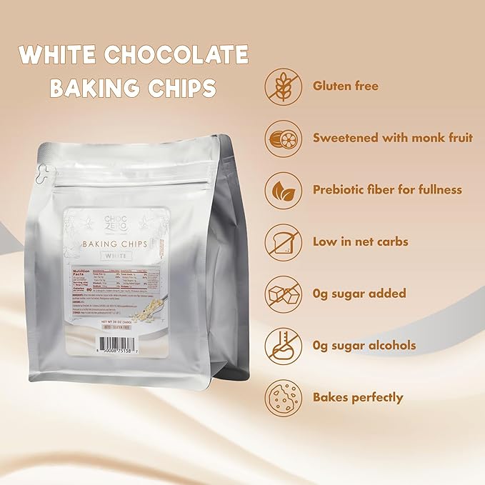 ChocZero White Chocolate Chips No Added Sugar Keto &amp Low Carb Gluten Free No Sugar Alcohols 20 oz Bag for Baking &amp Desserts