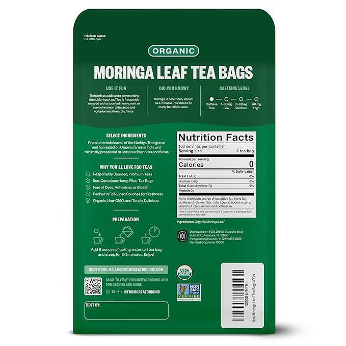 FGO Organic Moringa Tea 100 Count Eco-Conscious Tea Bags Resealable Bag Caffeine Free Packaging May Vary (Pack of 1)
