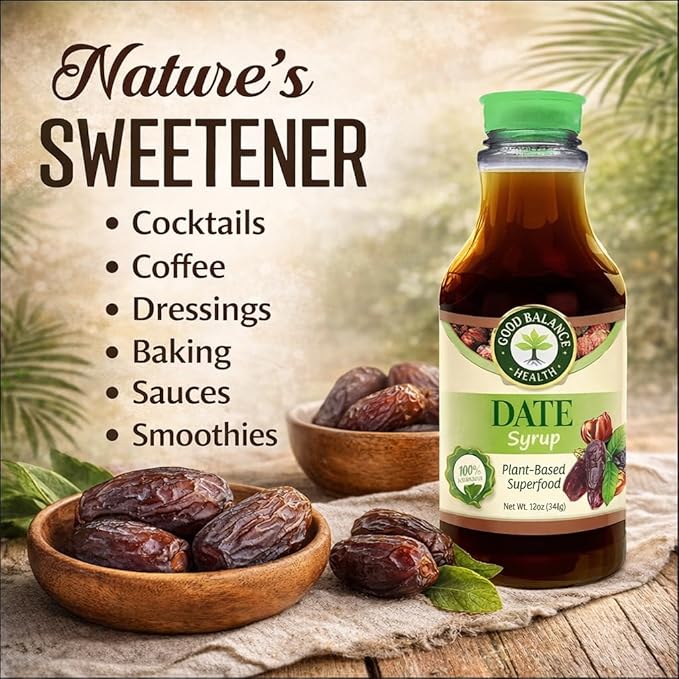 Good Balance Health Organic Date Syrup Sweetener Natural Sugar Alternative for Coffee Tea Baking and Cooking Vegan Paleo Gluten Free Kosher 22.5 oz Squeeze Bottle