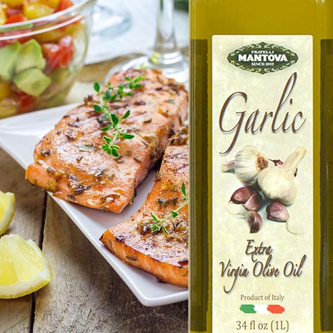 Mantova Garlic Extra Virgin Olive Oil (EVOO) Cold-Pressed and Imported from Italy 34 oz Glass Bottle - Flavorful Topping for Salads Vegetables and Pasta Dishes - Ideal for Dipping Italian Bread or