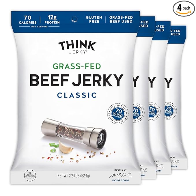 Think Jerky Classic Beef Jerky Grass-Fed High Protein Beef Jerky Gluten Free No Antibiotics or Nitrates Healthy Chef Crafted Recipe Low Calorie and Low Fat - 2.2 oz Bags 4 Pack