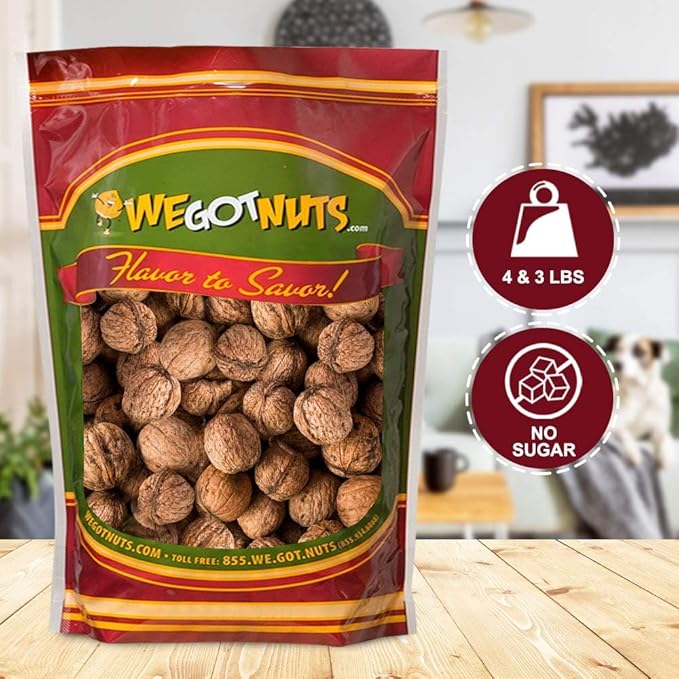 Raw California Walnuts In Shell – 4 lbs -Premium Quality Whole &amp Unsalted Walnuts By We Got Nuts – Natural Healthy Snack For The Whole Family – Oil-Free &amp Diet-Friendly Flavor – Air-Tight Rese