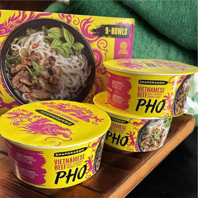 Vietnamese Pho Beef Noodle Soup Snapdragon 9 Bowls Pack Ready in 3 Minutes Gluten-Free with Chili Oil
