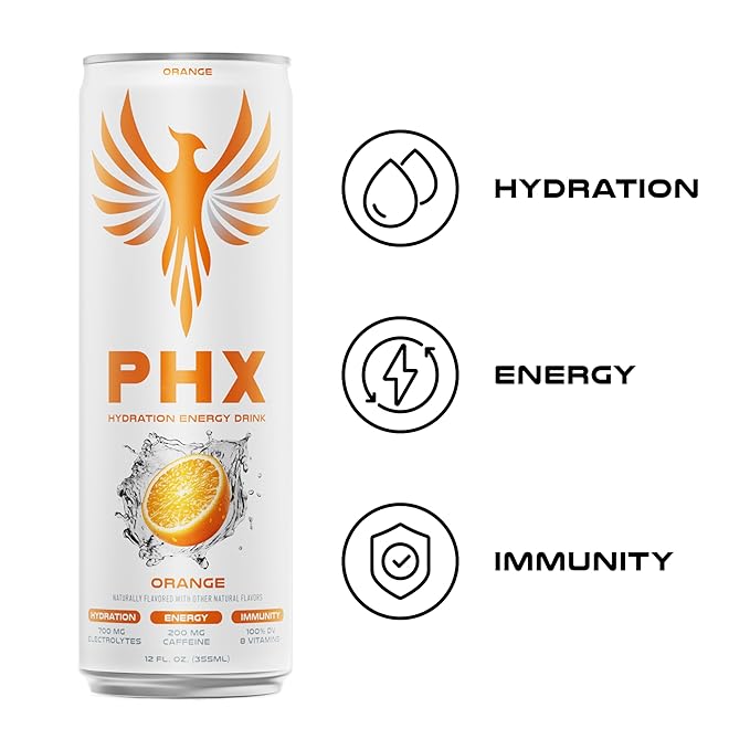 PHX Hydration Energy Drink - 700mg Electrolytes 200mg Natural Green Tea Caffeine 100% Daily Value 8 Essential Vitamins - 12 oz Cans (12 Pack) (12 Pack Orange)