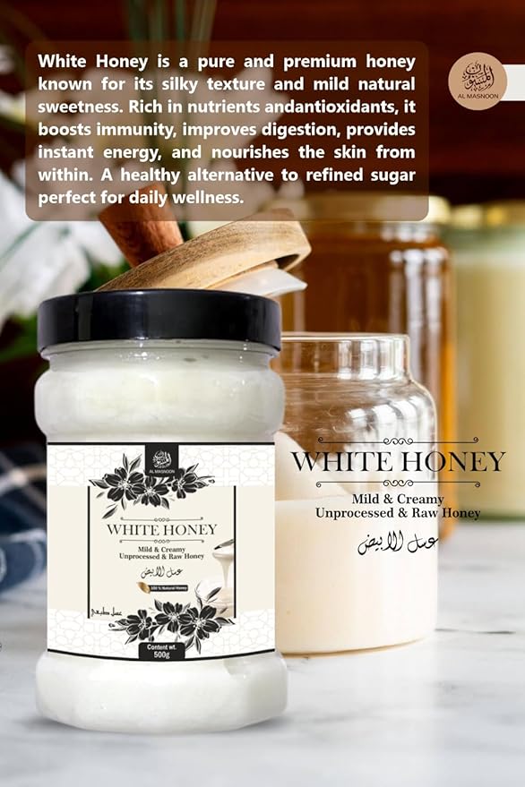 AL MASNOON White Honey – 500g | Crystal Creamy &amp Unprocessed Raw Honey | 100% Pure Natural Chemical-Free &amp Unheated | Rich Taste Immunity Booster Healthy Sweetener – Pack of 1