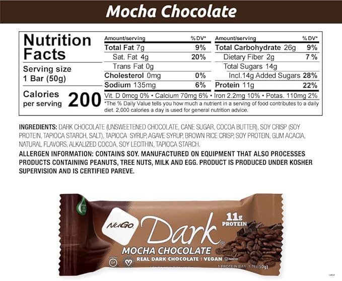 NuGo Dark Chocolate Mocha 11g Protein Bar Vegan Gluten Free Non-GMO Kosher Pareve 24 Count