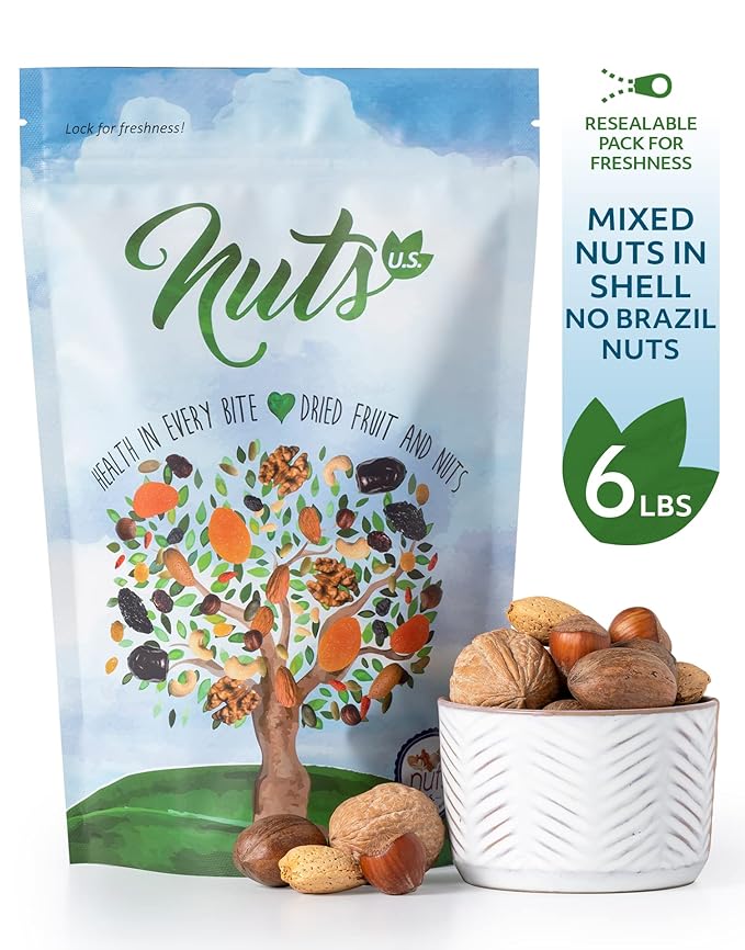 NUTS U.S. – Mixed Nuts In Shell (Almonds Walnuts Hazelnuts Pecans) | No Added Colors and No Artificial Flavors | Fresh Buttery Taste and Raw |Packed In Resealable Bags (6 LBS)