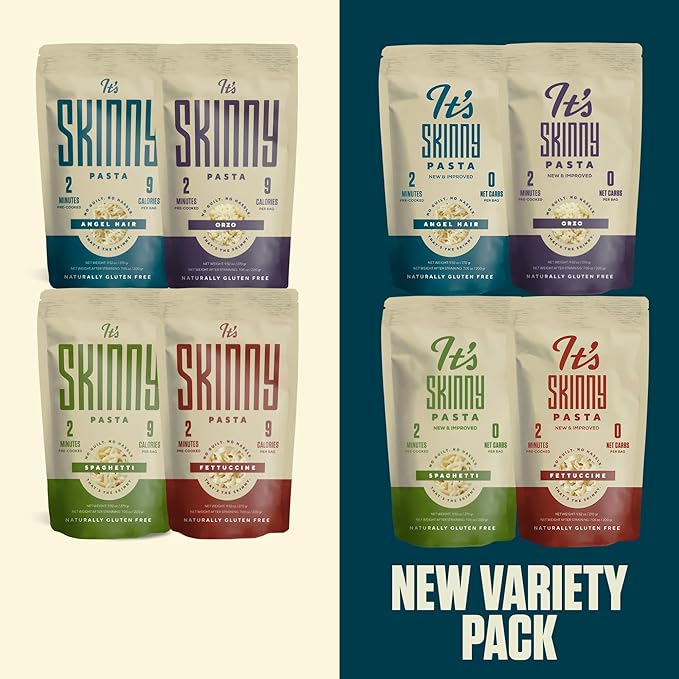 It’s Skinny Pasta Variety Pack – Spaghetti Fettuccine Angel Hair and Orzo Low Carb Gluten Free Keto &amp Vegan-Friendly Shirataki Konjac 4.5 Calories Ready in 2 Minutes (24 Packs)