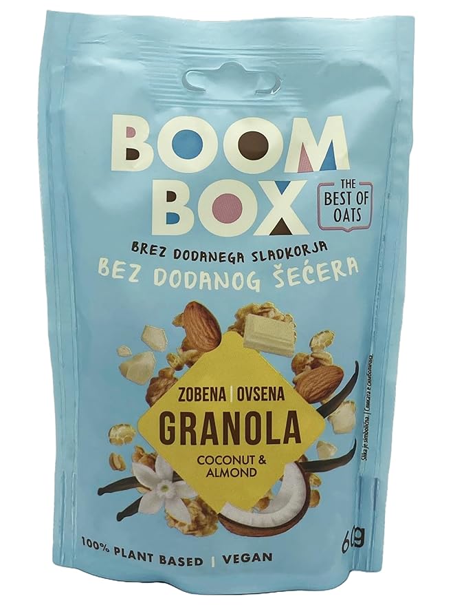 BOOM BOX Coconut Almond White Chocolate and Vanilla Oat Granola - 60g A Delicious Fusion of Flavors