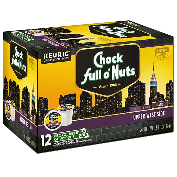 Chock Full o'Nuts Upper West Side Coffee Dark Roast Compatible with K-Cup Pods 12 CT (Pack of 3)
