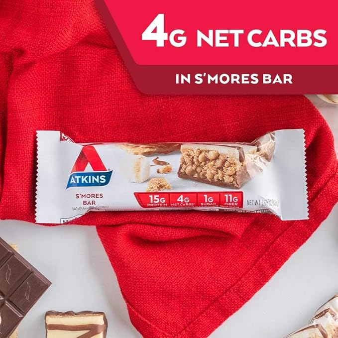 Atkins S’mores Protein Meal Bar High Fiber 1g Sugar 4g Net Carbs Meal Replacement Keto Friendly 30 Count