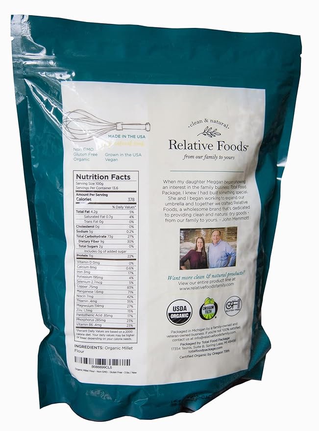 Millet Flour 3 pounds USDA Organic certified gluten free sourced 100% from the USA dry milled with no additives