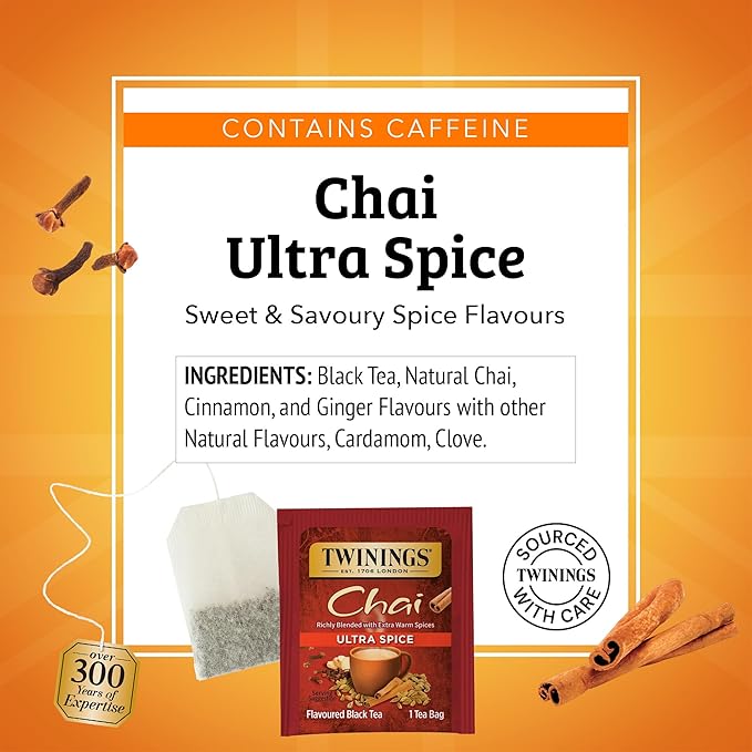 Twinings Ultra Spice Chai Individually Wrapped Bags 20 Count (Pack of 6) Sweet Savoury Spices Caffeinated Enjoy Hot or Iced 120 Teabags