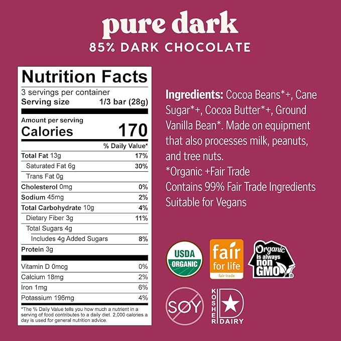 Theo Chocolate Pure Organic Dark Chocolate Bar 85% Cacao 6 Pack | Vegan Fair Trade