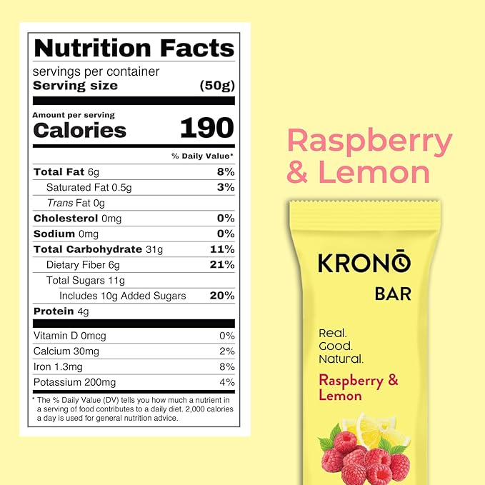Krono Nutrition Energy Bar - Made with Natural Ingredients - Vegan - Gluten Free - Nuts Free - Soy Free - 50 gram per bars - 12 bars per box (12 count Raspberry &amp Lemon)