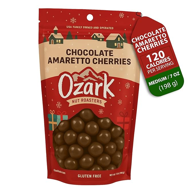 OZARK NUT ROASTERS: Chocolate Amaretto Cherries Festive Seasonal Christmas Packaging World-Class Gourmet Milk Chocolate Coated Cherries Resealable Pack (7 oz)