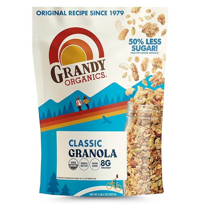 Grandy Organics Classic Granola Certified Organic Granola Cereal Low Sugar - Made with Oats Pumpkin Seeds Walnuts and Cashews 12oz Bags Bulk Pack of 6