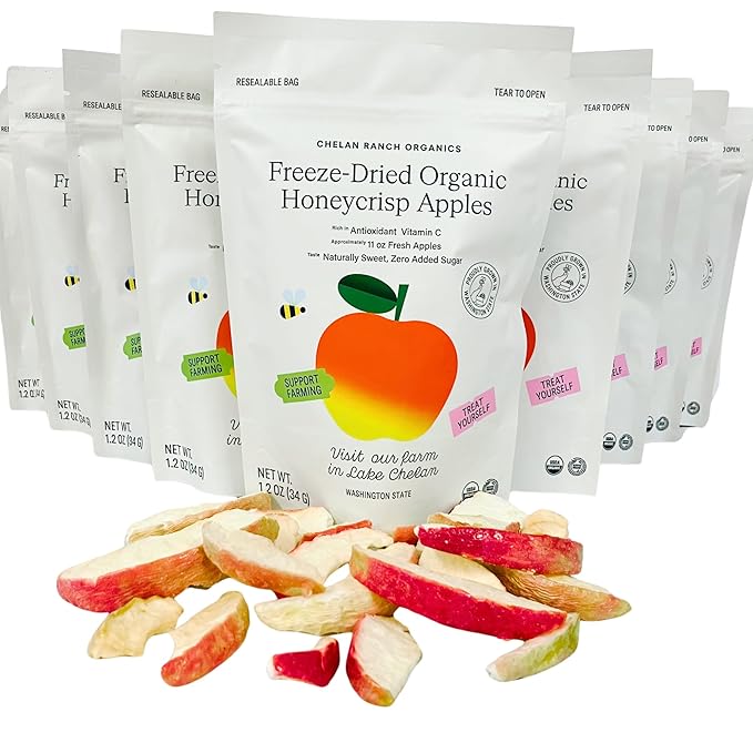 Chelan Ranch Organics Freeze-Dried Organic Honeycrisp Apples Non-GMO &amp Vegan 1.2 Ounce Bag (12-Pack)