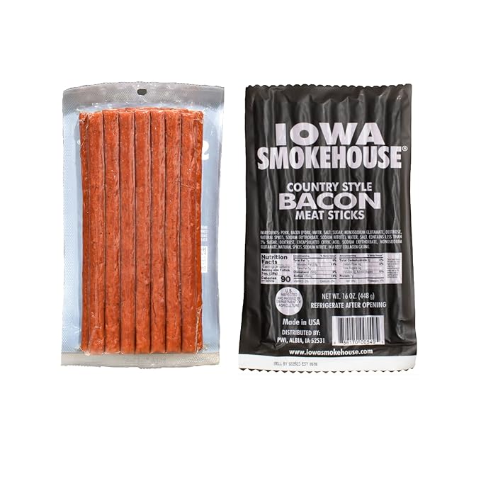 IOWA SMOKEHOUSE Country Style Meat Sticks Bacon - Delicious Meat Snack - Vacuum Sealed &amp Ready to Eat Sticks - 7g of Protein Made with all USA Pork - 16 Oz (16 sticks per pack)