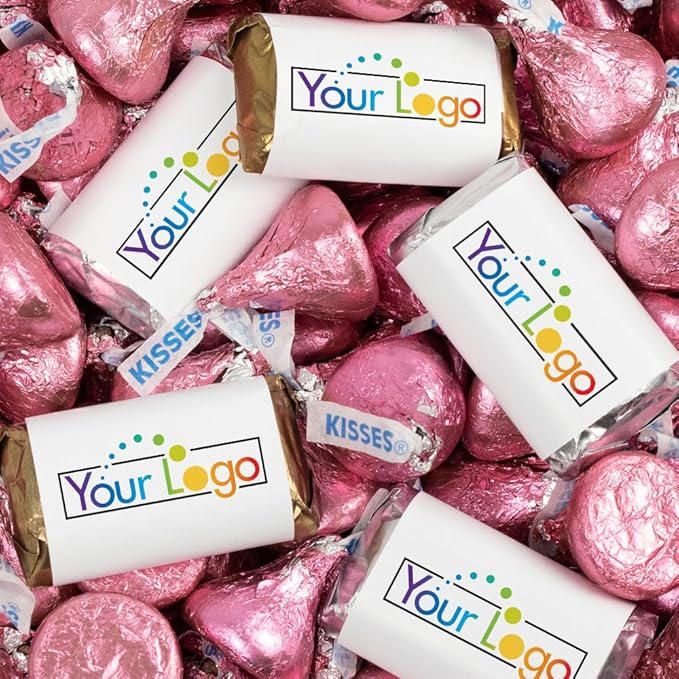 Personalized Candy Promotional Products Add Your Logo or Photo Party Favors 41 Custom Chocolate Miniatures and Approx. 90 Bulk Light Pink Kisses (Approx. 131 Pcs)
