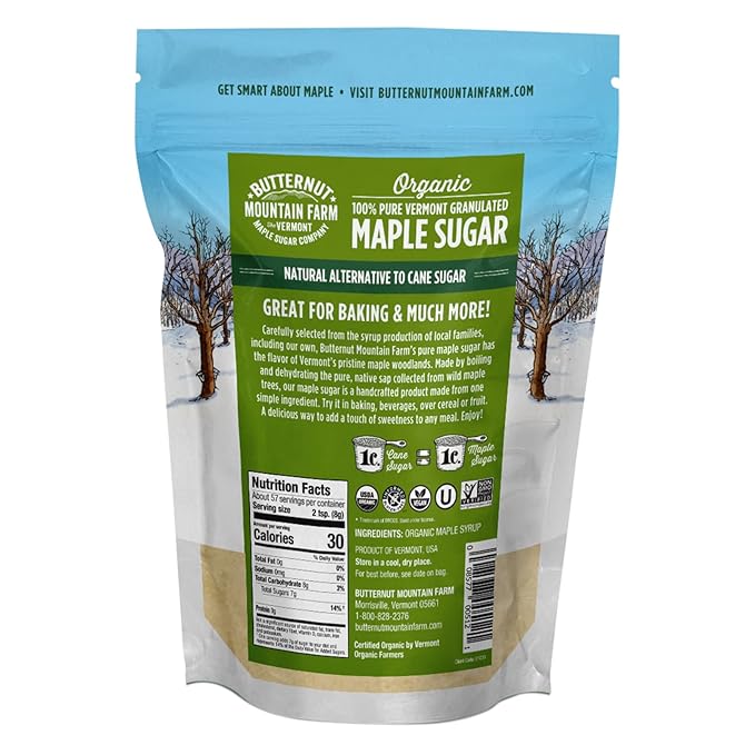 Butternut Mountain Farm 100% Pure Organic VT Maple Sugar 1LB Bag Reclosable Pouch
