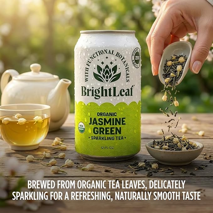BrightLeaf Jasmine Green Sparkling Tea with Functional Benefits For Focus – Regenerative Organic Lightly Caffeinated Zero Sugar Zero Calories Zero Sweeteners – 12oz Cans 12-Pack – Craft-Brewed wi