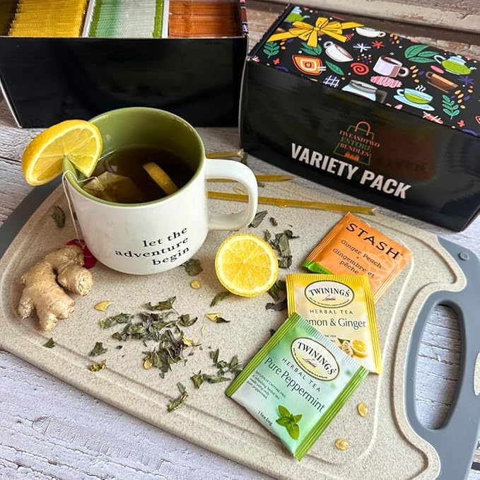 Ultimate Cold Buster Variety Set: Lemon Ginger Peppermint &amp Peach Ginger Tea Bags - 60 pcs with Honey Sticks &amp Recipe eBook